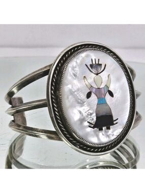 Dancing Kachina Zuni Mother Of Pearl Sterling Silver Cuff Bracelet Native S.H.